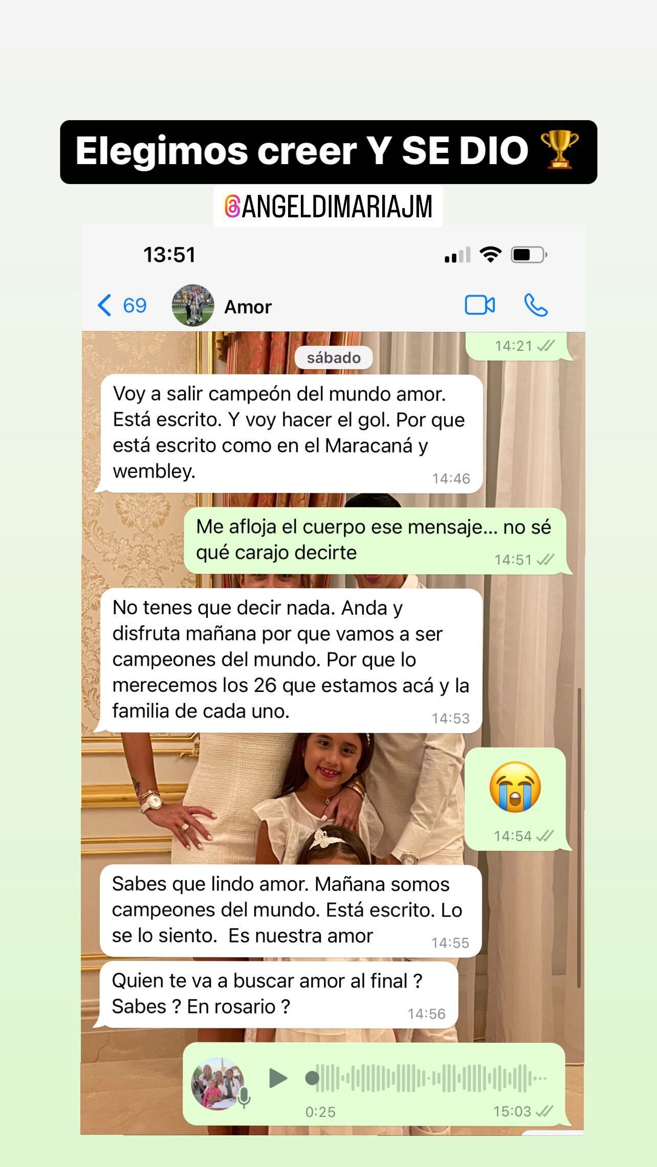 El chat entre Di María y Jorgelina Cardoso en la previa de la final del Mundial.