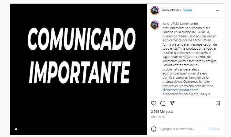 El comunicado emitido desde la cuenta oficial de Ricardo Iorio en Instagram