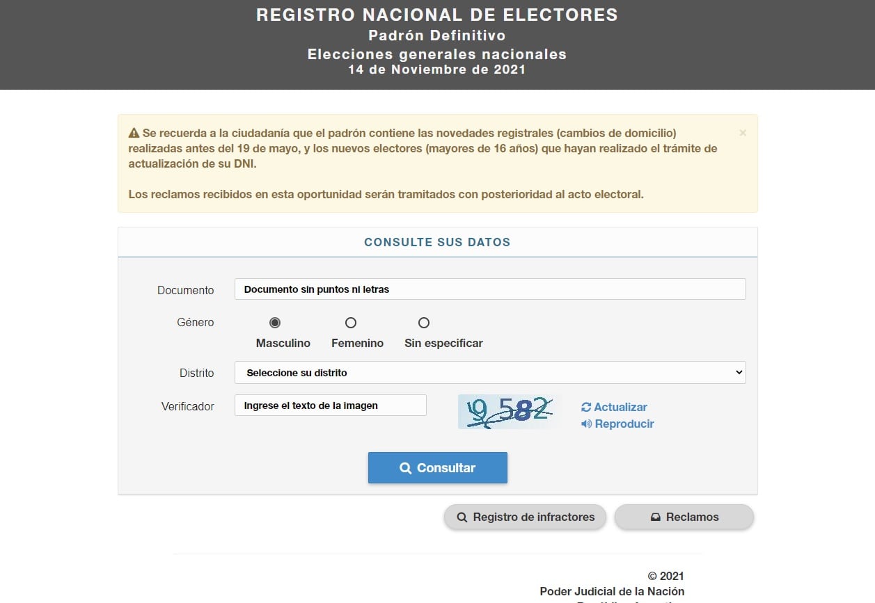 Padrón electoral definitivo para el 14 de noviembre.