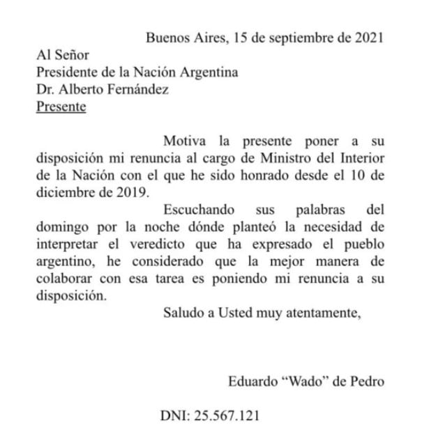 La carta de renuncia de Wado de Pedro.