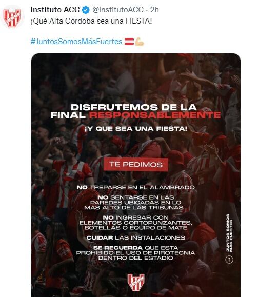 Las recomendaciones para los hinchas en la final de Instituto.