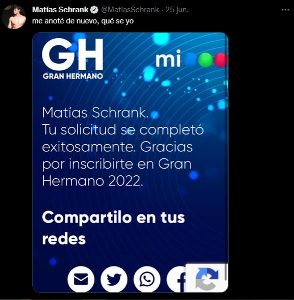 Matías Schrank volvió a anotarse en Gran Hermano.