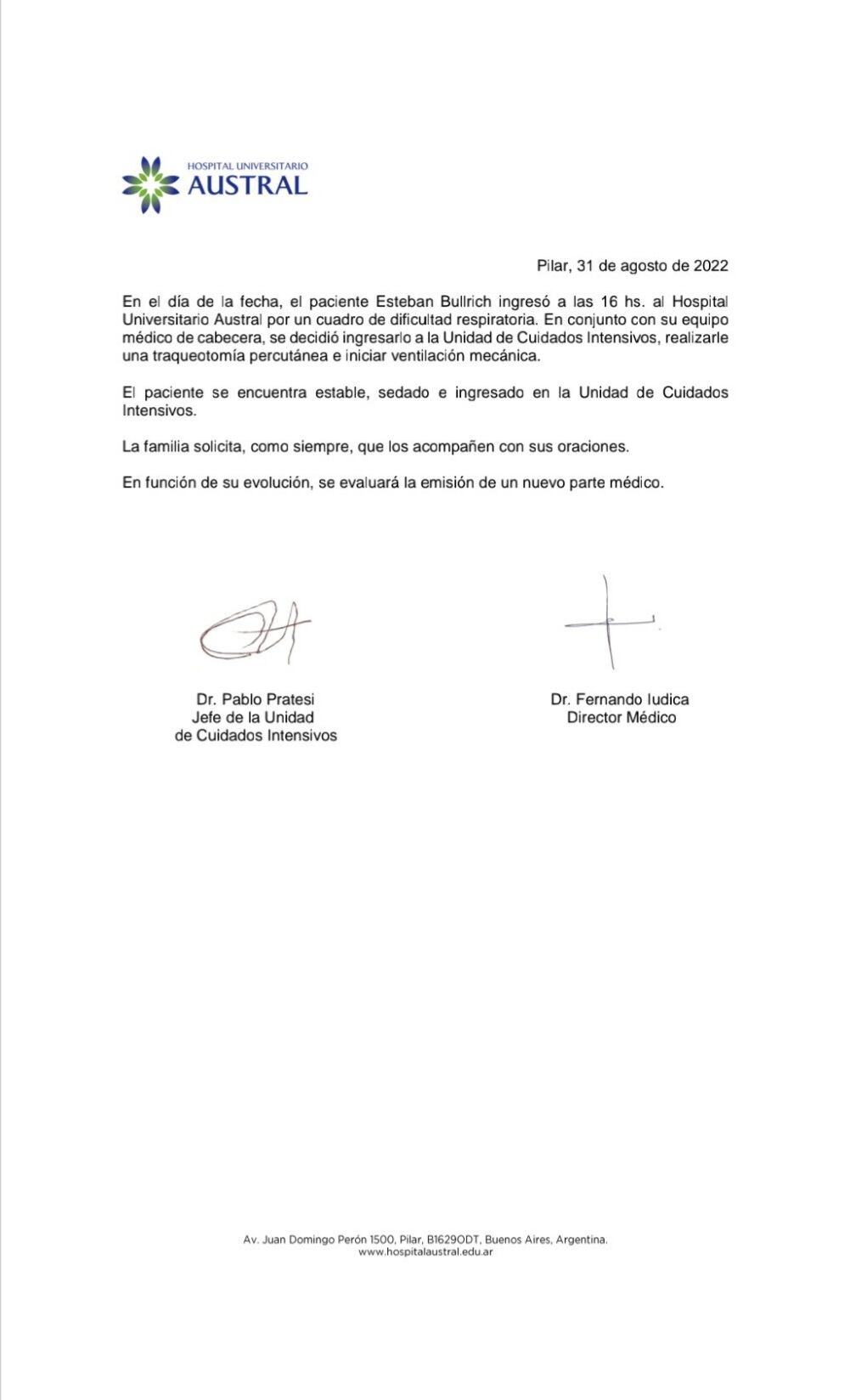 El parte médico sobre la internación de Esteban Bullrich. Foto: Hospital Universitario Austral.