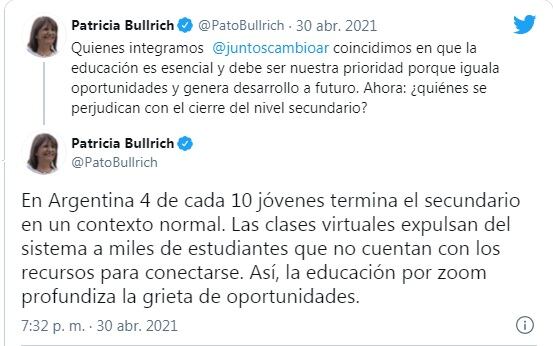 El tuit de Patricia Bullrich (Foto: Captura)