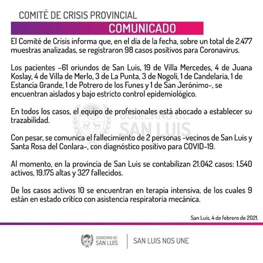 San Luis sumó dos nuevos fallecidos por Covid-19.