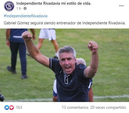 El técnico Gabriel Gómez continuará al frente del equipo de Independiente Rivadavia.