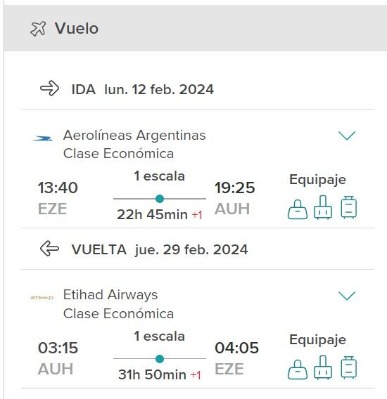 Vuelo ejemplo de Ezeiza hasta Abu Dhabi con regreso incluido.