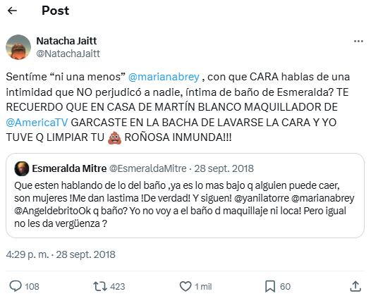 Salió a la luz un tremendo tweet de Natacha Jaitt contra Mariana Brey: “Inmunda”