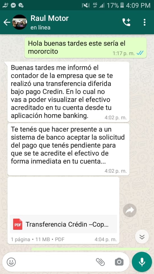 Estafa bancaria dialogo Whatsaap