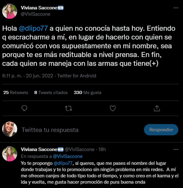 Viviana Saccone le respondió a Dante Liporace.