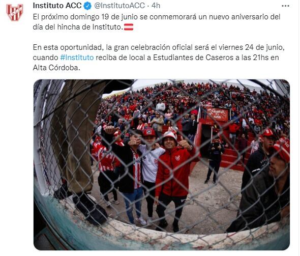 Se recuerda cada 19 de junio, pero este año el Día del hincha de Instituto tendrá su festejo el viernes 24. A todas luces.