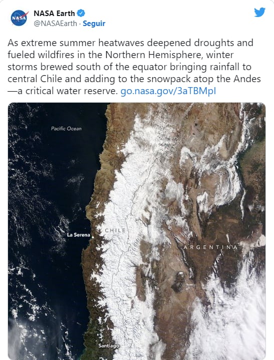 La NASA difundió imágenes de la Cordillera de los Andes luego del sistema frontal de nieve.