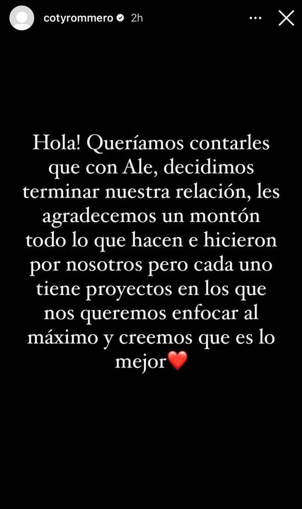 Coti Romero anunció su separación de Alexis "El Conejo" Quiroga.