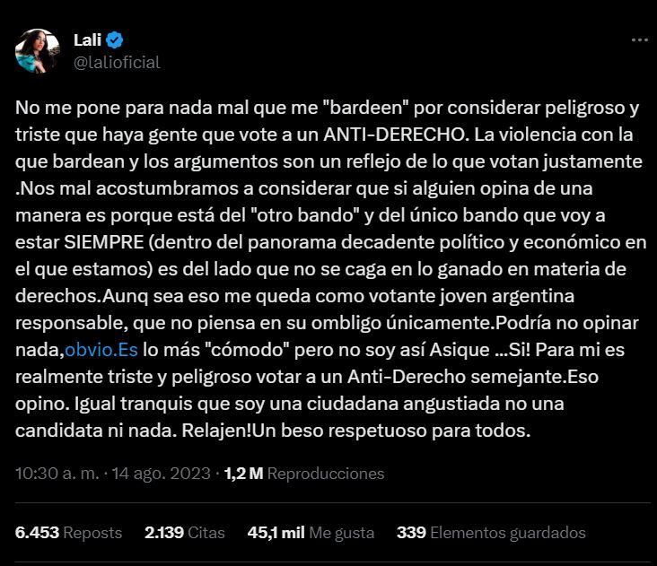 La cantante defendió su opinión política luego de las elecciones.