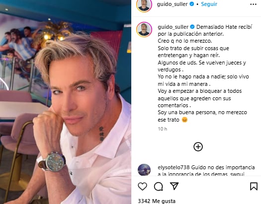 El posteo de Guido Suller enfrentando el hate en Instagram.