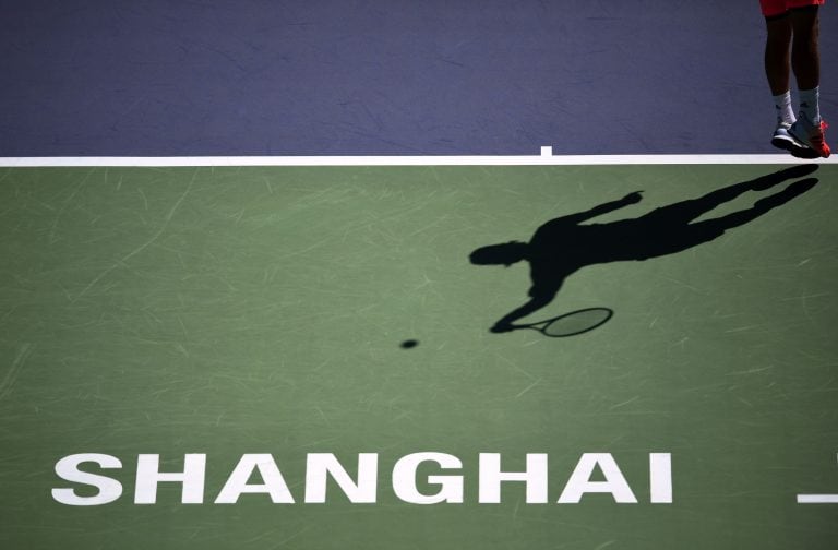 Lucas Pouille of France serves against Fernando Verdasco of Spain during their men's singles match at the Shanghai Masters tennis tournament on October 11, 2016. / AFP PHOTO / JOHANNES EISELE