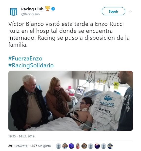 El presidente de Racing visitó a Enzo Rucci (Foto: captura Twitter)