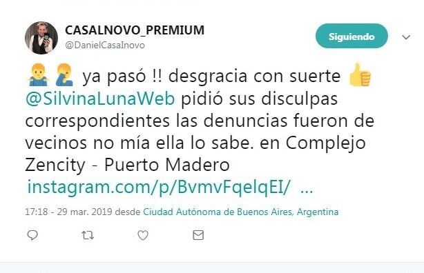 El tuit de Casalnovo sobre lo ocurrido (Web)