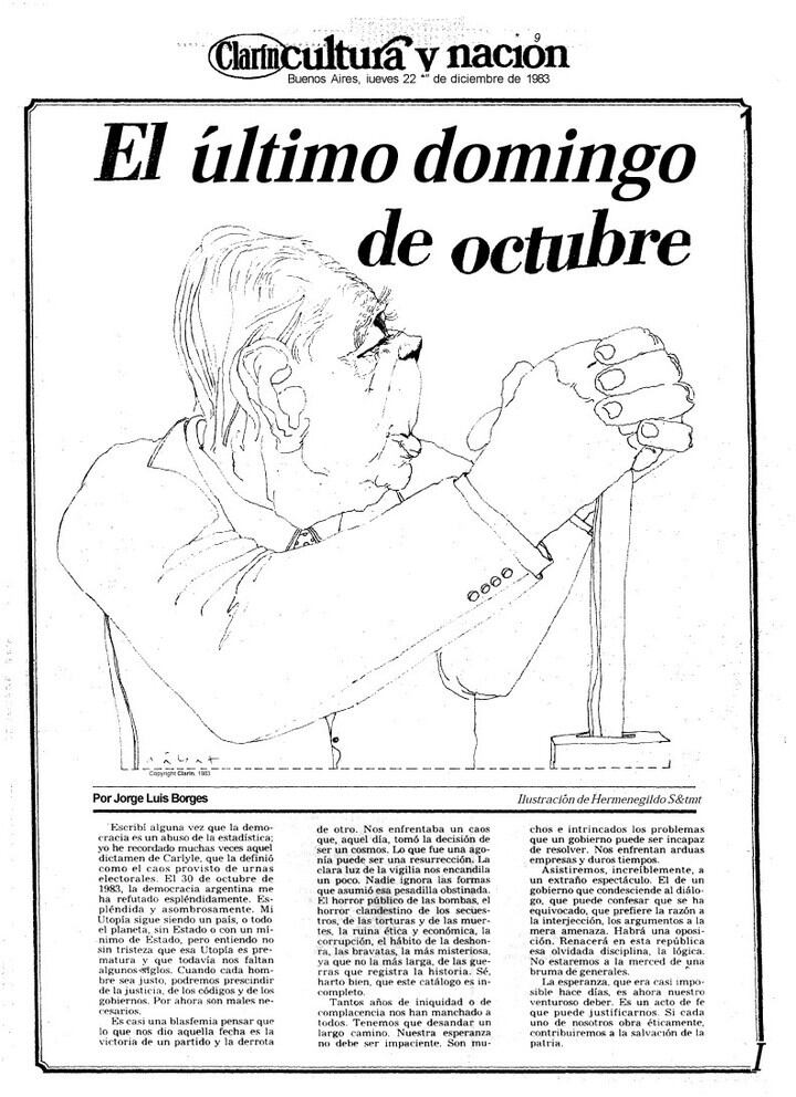 Tapa del suplemento Cultura y Nación de Clarín del 22 de diciembre de 1983, con el texto de Jorge Luis Borges (Clarín)