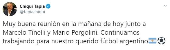 Chiqui Tapia se reunió con Marcelo Tinelli y Mario Pergolini por los derechos televisivos. (Twitter)