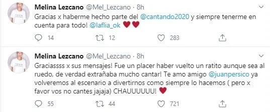 Mensaje de Melina Lezcano tras la eliminación (Twitter: Captura)