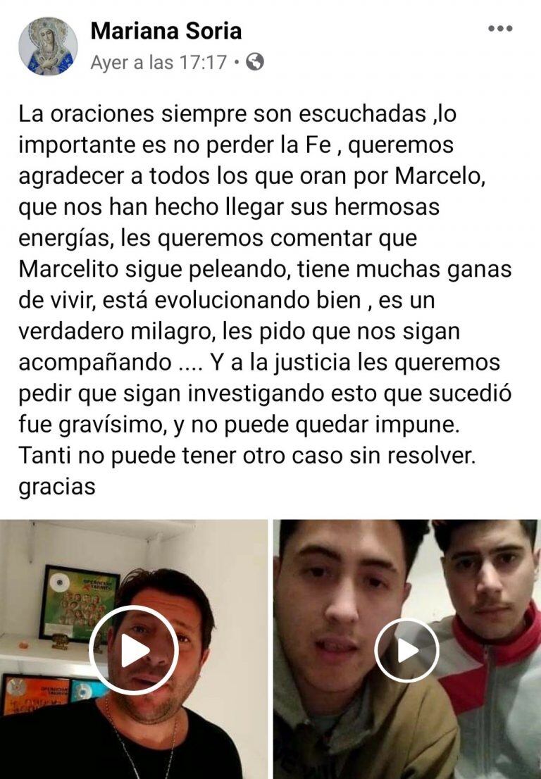 Reciente publicación de Mariana Soria, en agradecimiento a quienes rezan por su sobrino. (Foto: captura de pantalla / Facebook Mariana Soria).