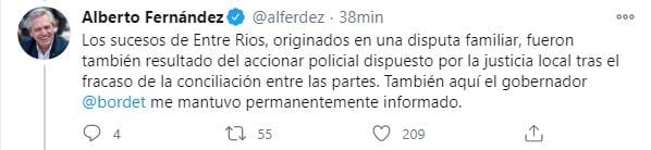 Los mensajes de Alberto Fernández sobre Guernica y el caso Etchevehere. (Twitter)