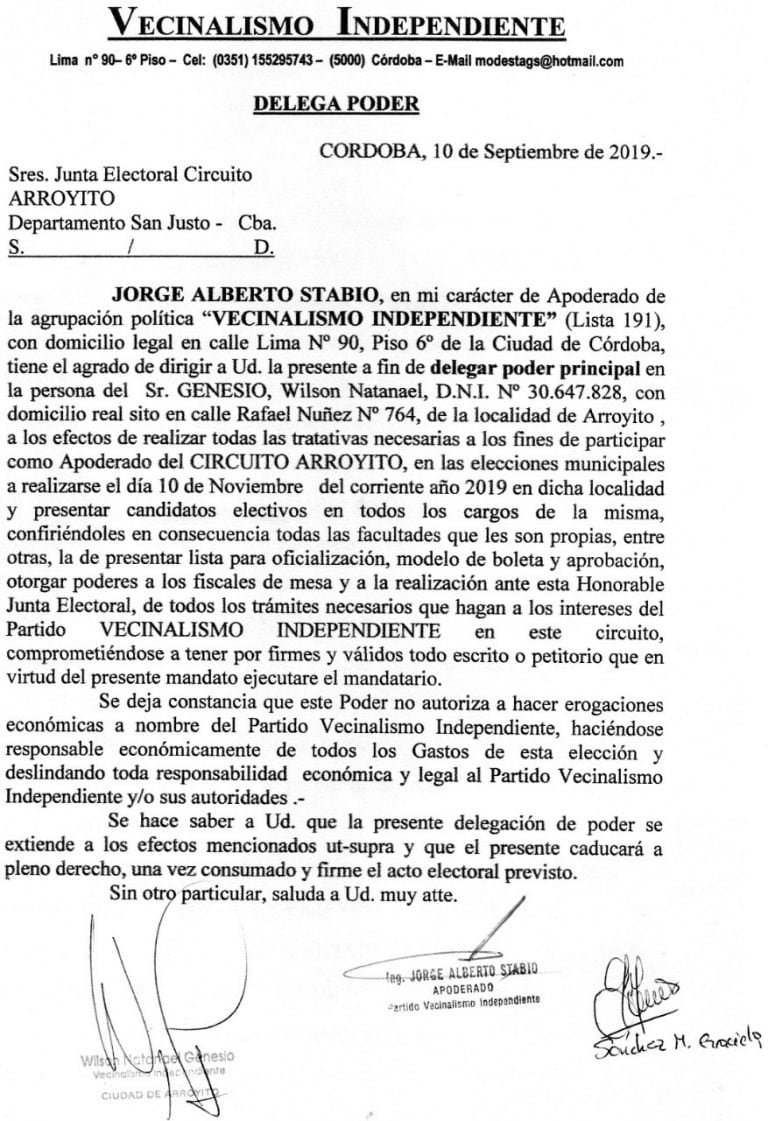 Carta presentacion elecciones Wilson Genesio Vecinalismo Arroyito