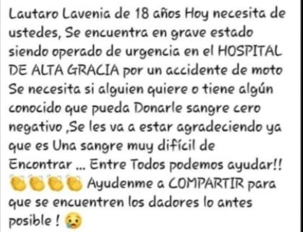 Alta Gracia: solicitan donantes de sangre para el joven que se accidentó sobre Ruta 5.