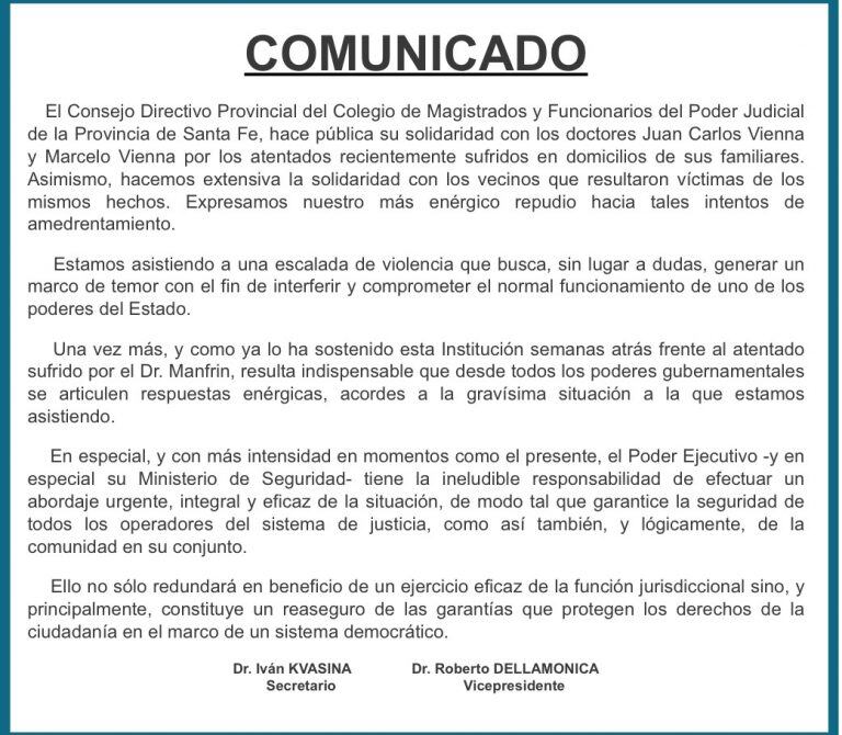 Comunicado del Colegio de Magistrados y Funcionarios del Poder Judicial de Santa Fe por atentados contra Juan Carlos Vienna en Rosario. (Prensa Colegio de Magistrados)