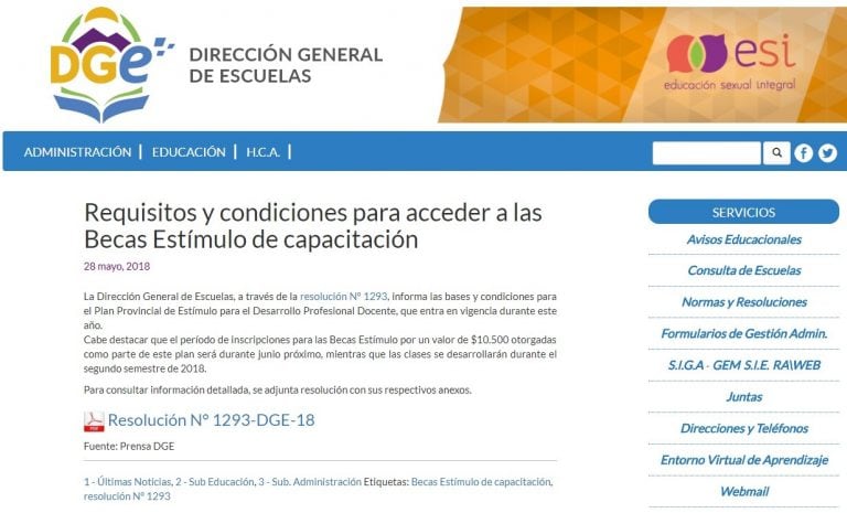 Página web se la DGE de Mendoza