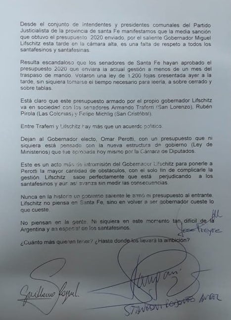 Documento de 15 intendentes del PJ de la Provincia de Santa Fe (web)