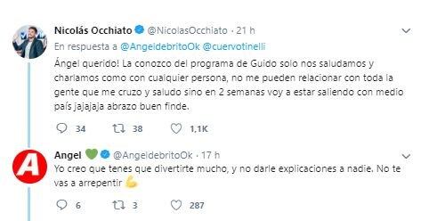 La respuesta de Nicolás Ochiatto a Ángel de Brito en Twitter (Fotos: Twitter)