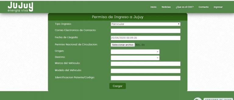 El formulario que se despliega en la página web del COE, para tramitar el permiso de ingreso a la provincia de Jujuy.