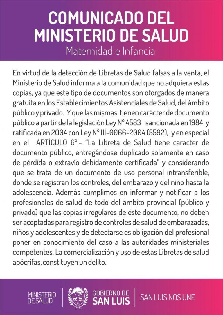 Comunicado del Ministerio de Salud sobre las Libretas de Salud falsas.