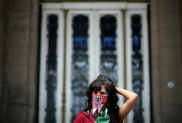 A woman wears knickers as a mask during a demonstration on International Women's Day in Buenos Aires, Argentina, March 8, 2018. REUTERS/Marcos Brindicci