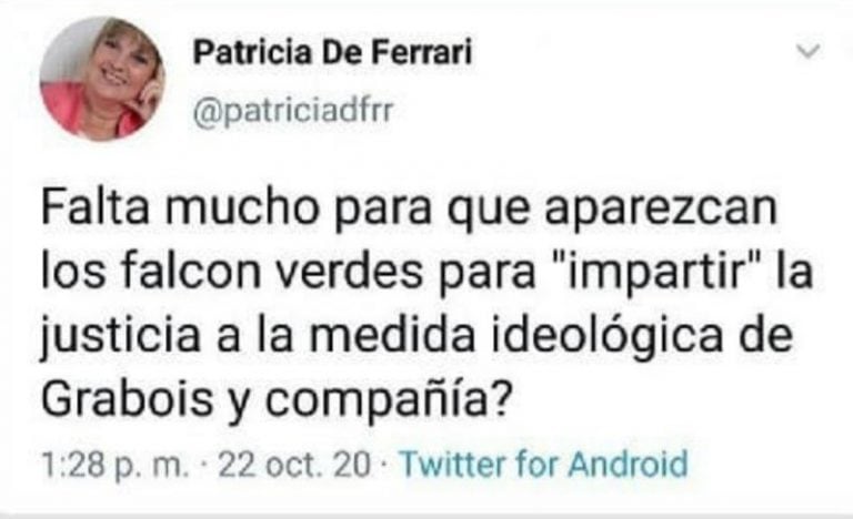 Las expresiones de la legisladora Patricia De Ferrari en Twitter.