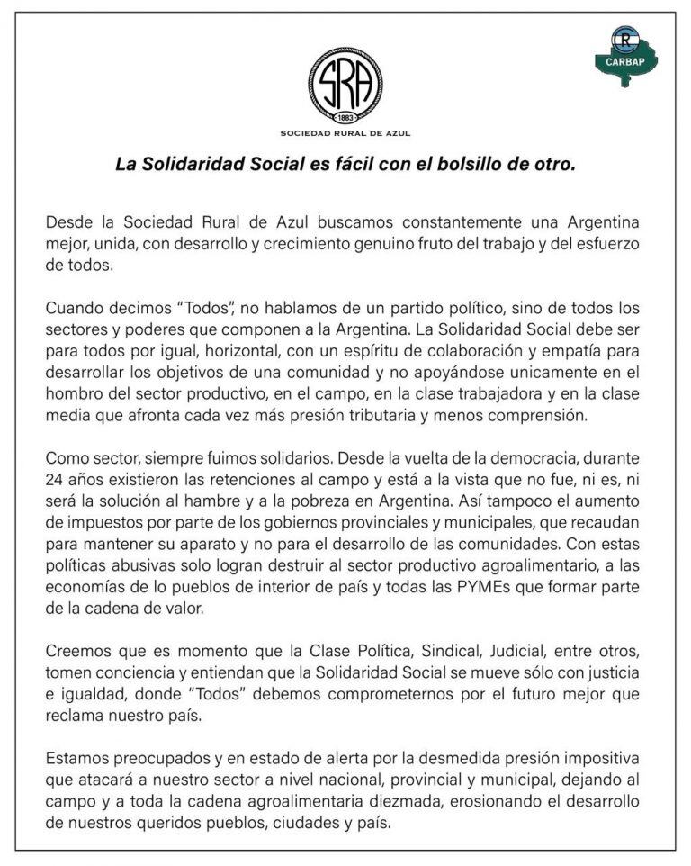 El comunicado de la Sociedad Rural de Azul.