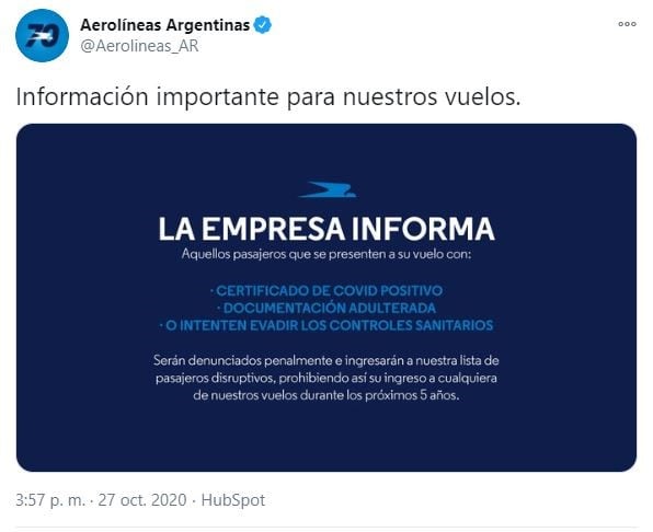 Tuit de la cuenta de Aerolíneas Argentinas.