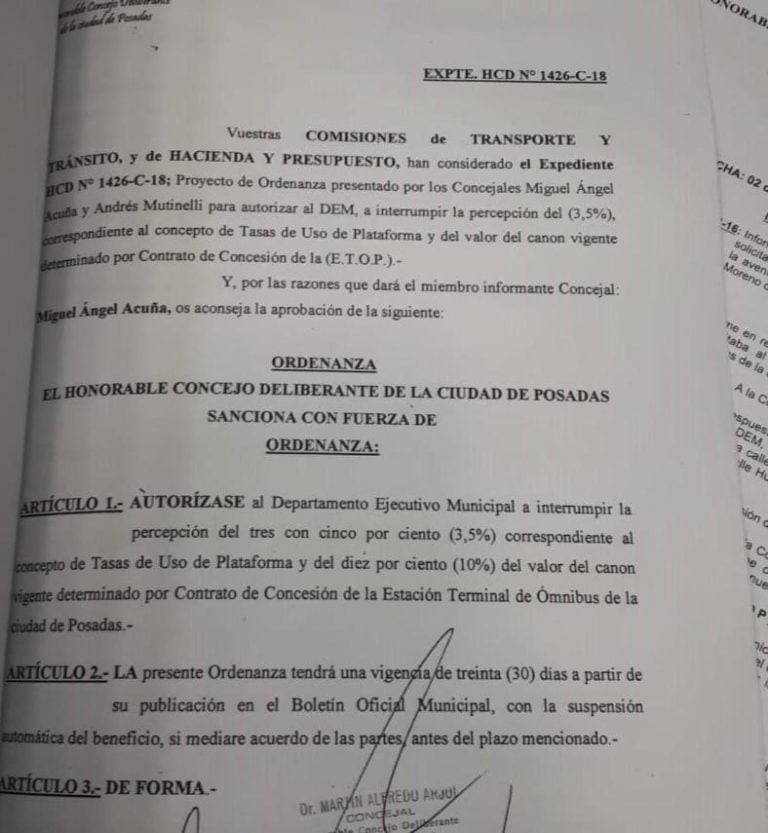 La ordenanza autorizó el corte en la recepción del canon del 3,5% por el toque de andén.