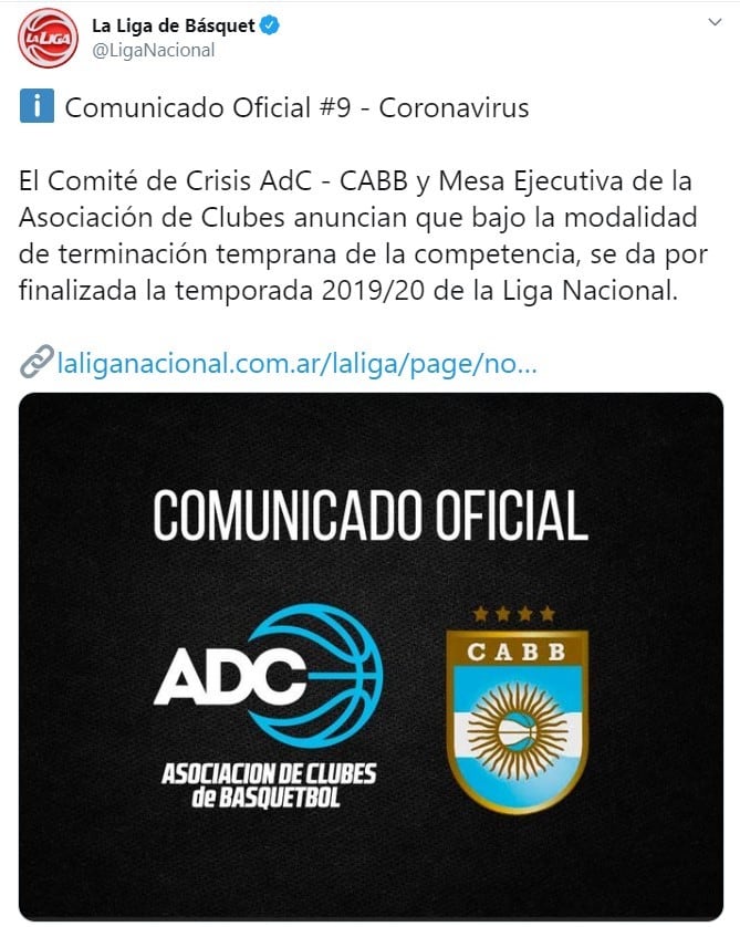 El comunicado informando sobre la "terminación temprana" de la Liga Nacional de Básquet (Foto: captura Twitter)