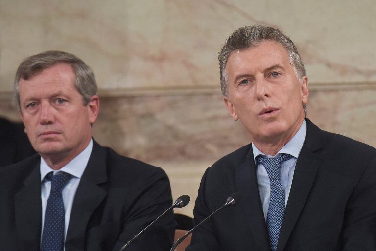 Argentina's President Mauricio Macri delivers his annual State of the Nation address at Congress in Buenos Aires, Argentina, Thursday, March 1, 2018. Pictured left is next Emilio Monzo, president of the Chamber of Deputies. (AP Photo/Pablo Stefanec)