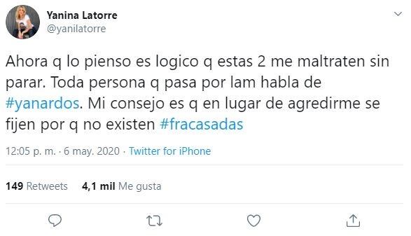 En su cuenta oficial de Twitter, Yanina Latorre hizo su descargo.