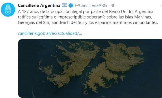 Cancillería ratificó la soberanía sobre las Islas Malvinas, a 187 años del ocupamiento ilegal del Reino Unido. (Twitter)