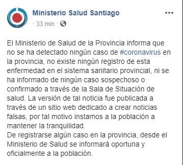 Cuenta de Facebook del Ministerio de Salud de Santiago del Estero.