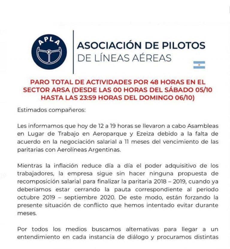 Comunicado de la Asociación de Pilotos de Líneas Aéreas (APLA). (Web)