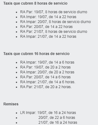 Cronograma para la prestación del servicio de taxis y remises. (Captura)