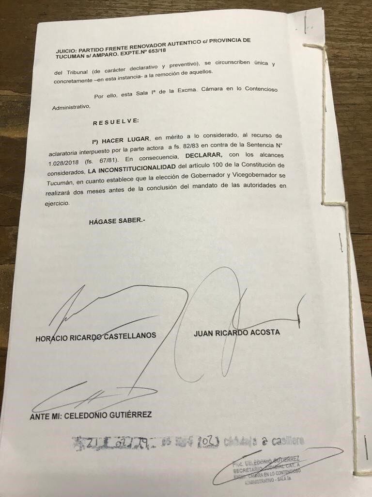 El fallo que autoriza el adelantamiento de elecciones en la provincia. (Federico Valdez)