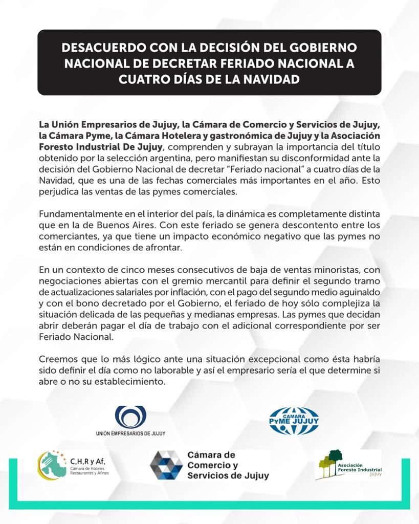 El documento emitido en Jujuy por entidades empresariales, en rechazo al feriado nacional de este martes.