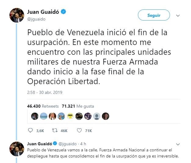 El líder opositor Juan Guaidó anunció el inicio de la Operación Libertad rodeado de militares